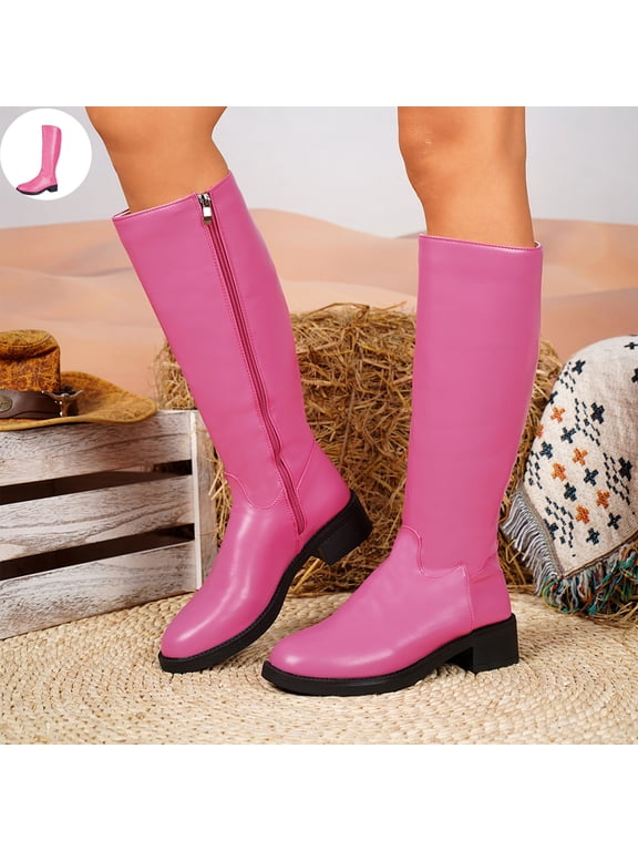 Womens Knee High Boots, Round Toe Low Block Heel Tall Boots, Side Zipper Non Slip Casual Walking Shoes Smooth Upper Fashion Fall Winter Boots