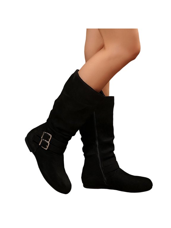 Womens Knee High Boots Round Toe Side Zipper Low Heel Boots Wide Calf Pull On Comfortable Double Buckle Fall Winter Long Boots