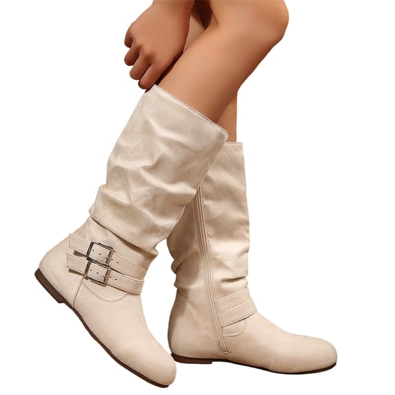 Willtoo Womens Knee High Boots Round Toe Side Zipper Low Heel Boots Wide Calf Pull On Comfortable Double Buckle Fall Winter Long Boots