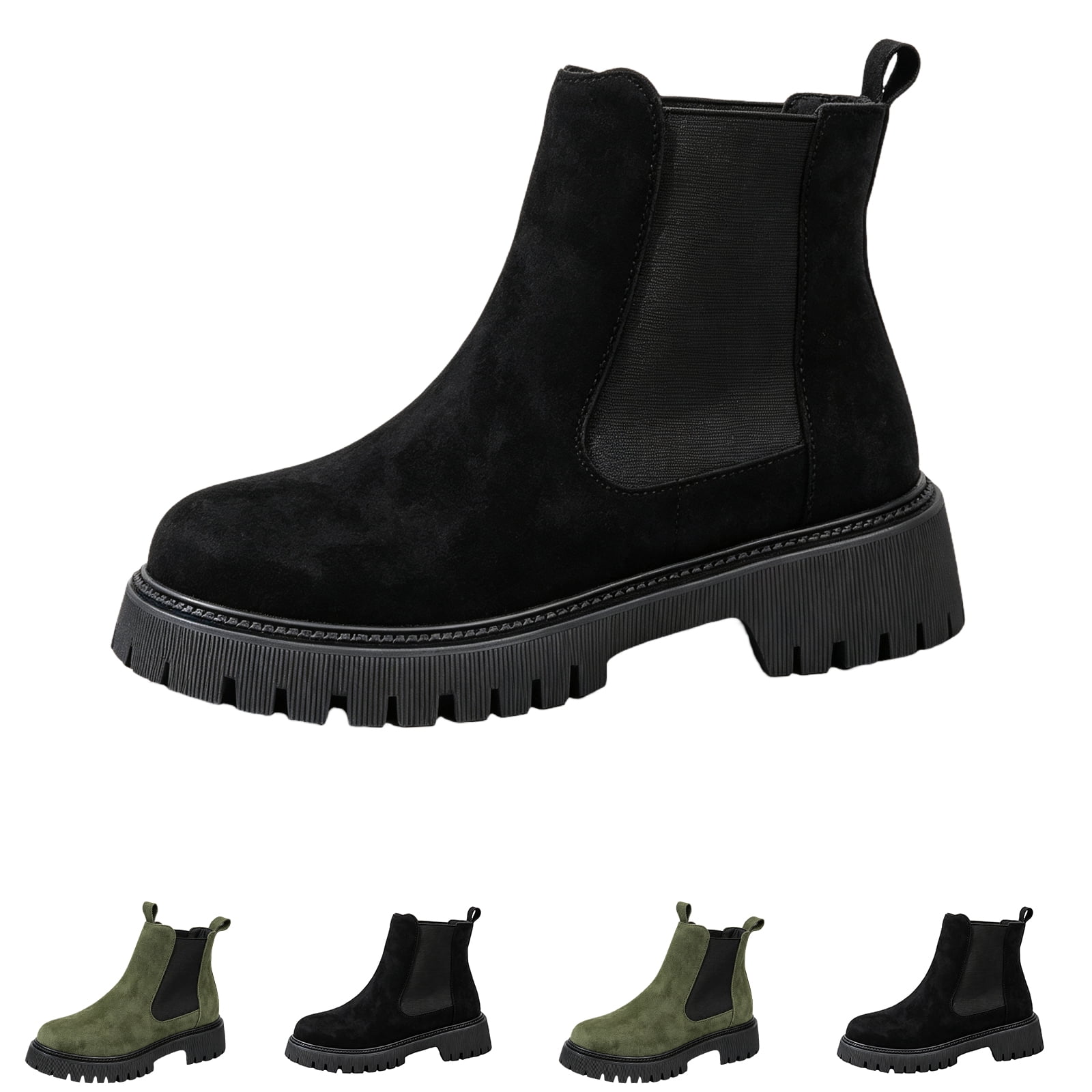 Willtoo Womens Lug Sole Platform Ankle Booties Chelsea Slip on Chunky Block Heel Faux Leather Boots