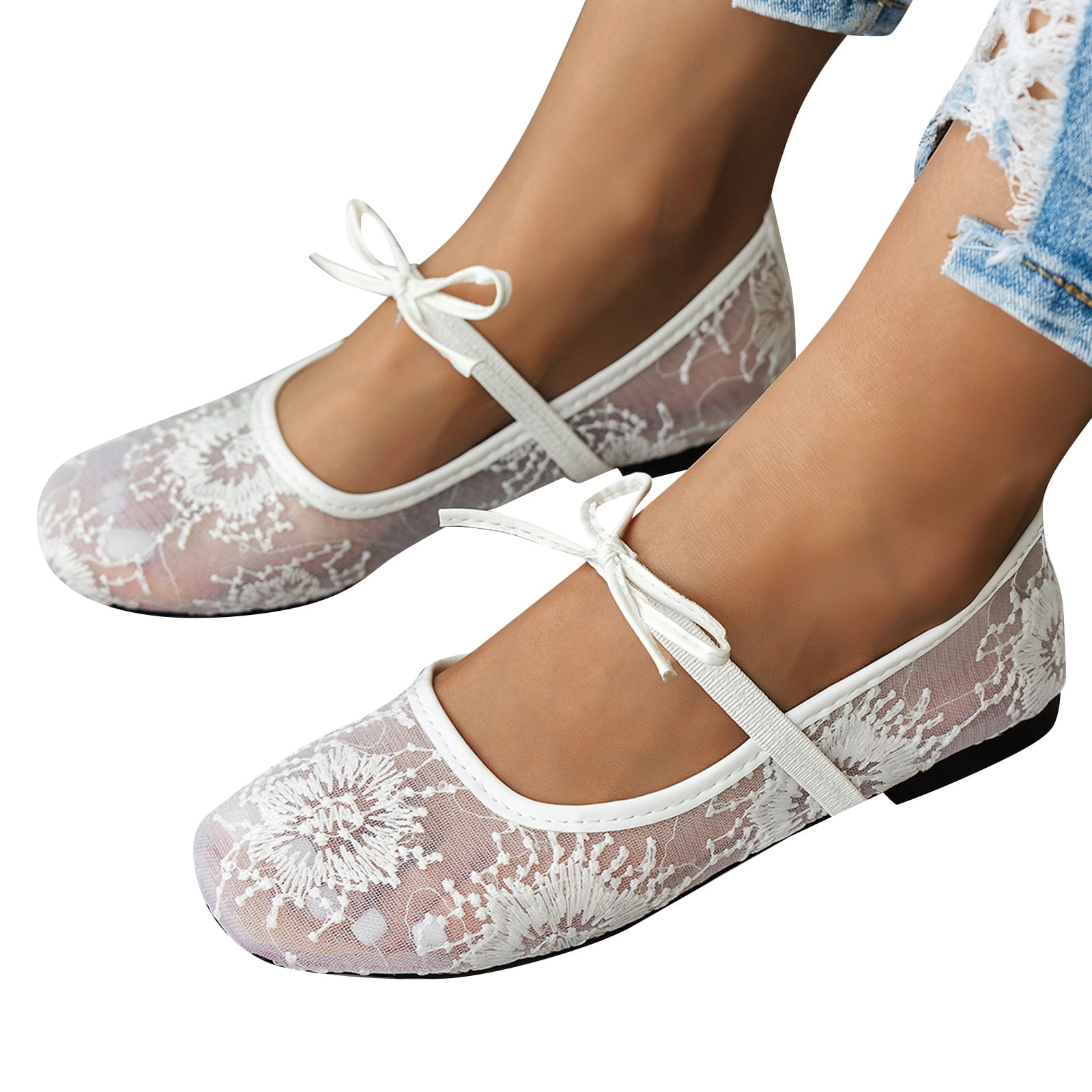 Willtoo Womens Mesh Ballet Flats Closed Toe Floral Mary Jane Flats ...
