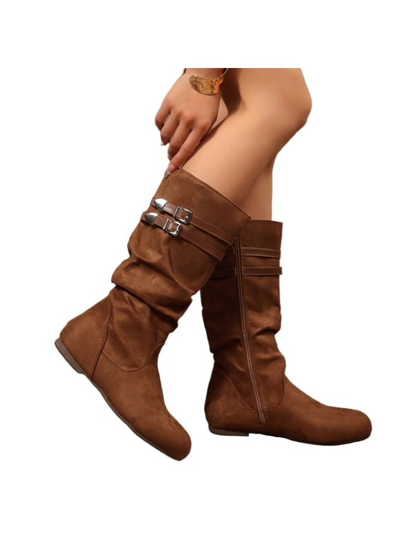 Womens Mid Calf Boots Round Toe Buckle Decor Side Zipper Tall Boots Fall Winter Flat Casual Non Slip Booties