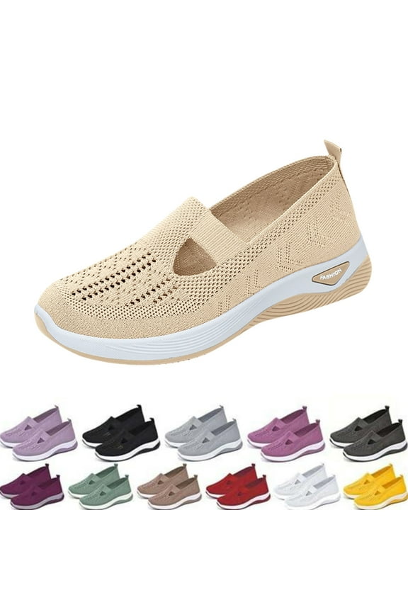 Womens Orthopedic Shoes Slip on Walking Shoes Nurse Shoes Embroidered Arch Support Wide Width Work Sneakers Beige 7 Wide