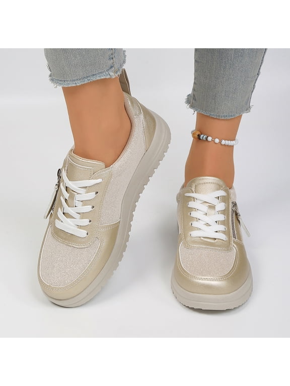 Womens Platform Casual Sneakers Lace Up Side Zipper Low Top Walking Shoes Lightweight Round Toe Fashion Comfort Skate Shoes