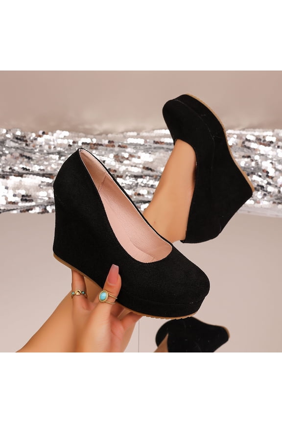 Womens Platform Evening Suede Slip On Dress Solid Round Toe Wedge High Heel Pumps Shoes Black