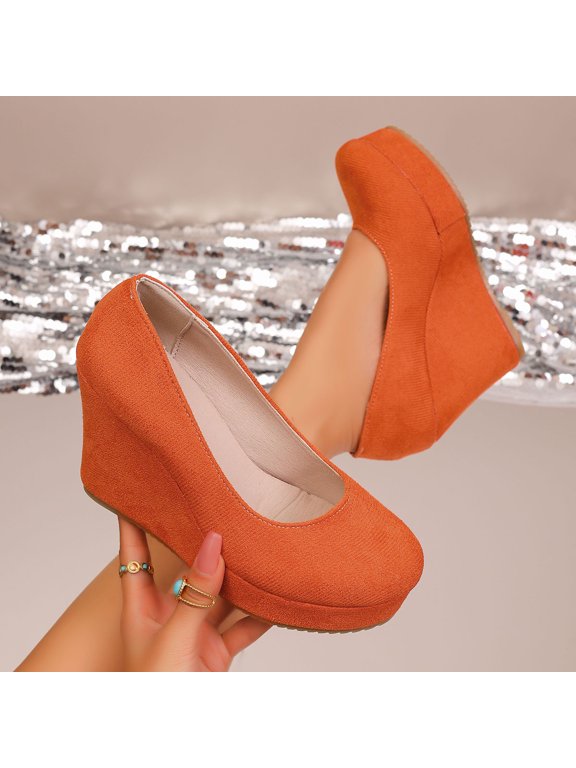 Womens Platform Evening Faux Suede Slip On Dress Solid Round Toe Wedge High Heel Pumps Shoes Orange