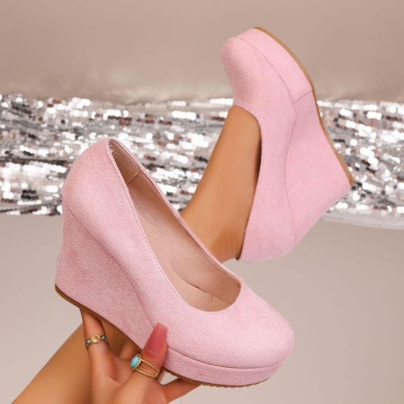 Willtoo Womens Platform Evening Suede Slip On Dress Solid Round Toe Wedge High Heel Pumps Shoes Pink
