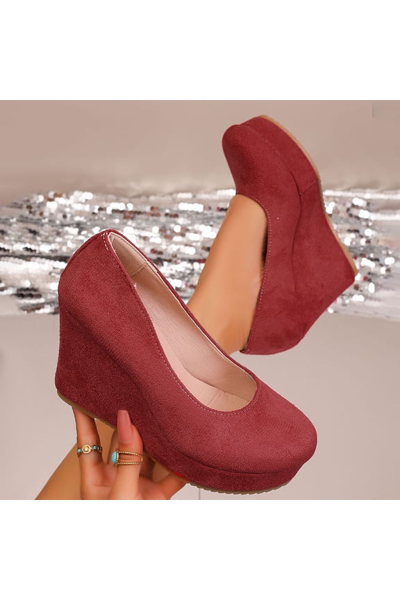 Womens Platform Evening Suede Slip On Dress Solid Round Toe Wedge High Heel Pumps Shoes Red