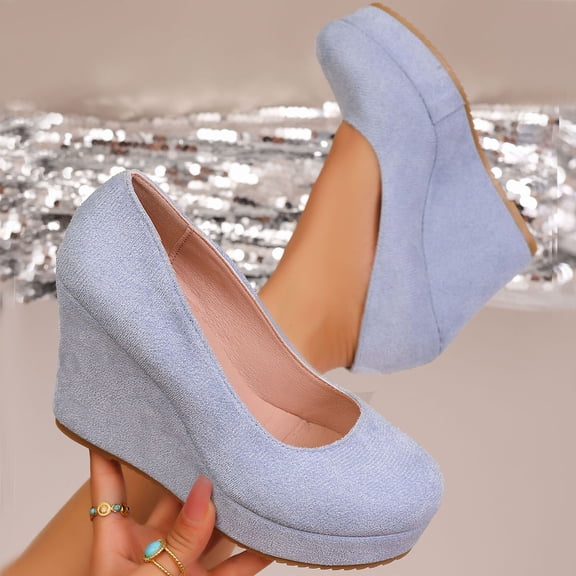 Willtoo Womens Platform Evening Suede Slip On Dress Solid Round Toe Wedge High Heel Pumps Shoes Sky Blue