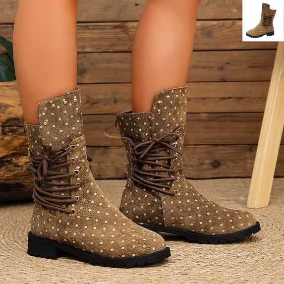Willtoo Womens Polka Dot Lace Up Mid Calf Combat Boots, Back Zipper Round Toe Chunky Block Heel Boots, Non Slip Lug Sole Fashion Winter Boots