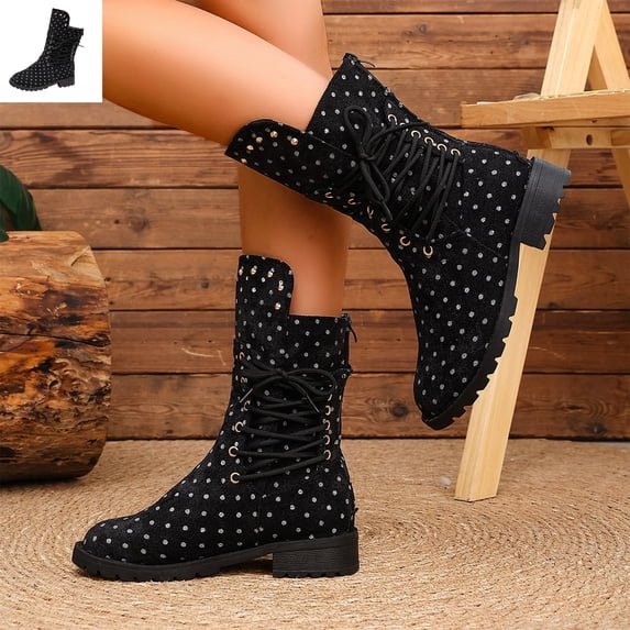 Willtoo Womens Polka Dot Lace Up Mid Calf Combat Boots, Back Zipper Round Toe Chunky Block Heel Boots, Non Slip Lug Sole Fashion Winter Boots