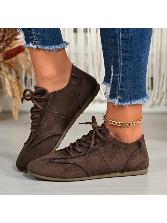 Womens Retro Lace Up Flats Low Top Casual Sneakers Round Toe Lightweight Soft Sole Fashion Walking Trainers Daily Outdoor Driving Shoes