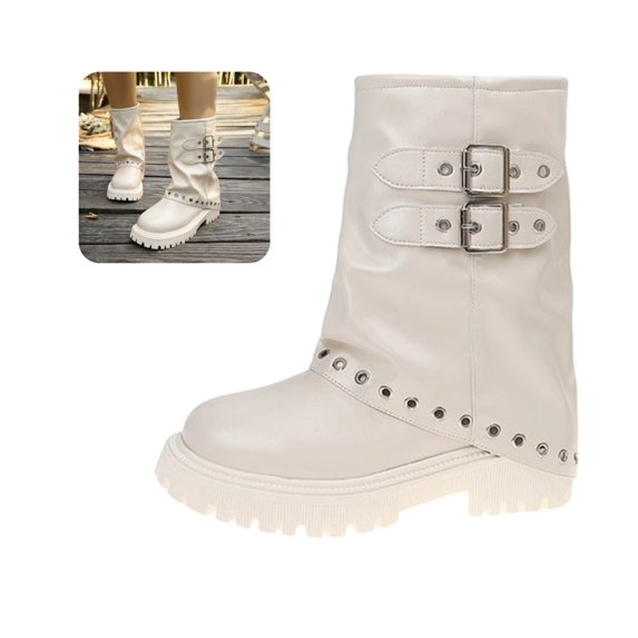 Willtoo Womens Retro Platform Mid-Calf Boots with Metal Buckles and Rivets Round Toe Slouchy Ruched Stacked Combat Boots