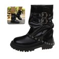 thumbnail image 1 of Willtoo Womens Retro Platform Mid-Calf Boots with Metal Buckles and Rivets Round Toe Slouchy Ruched Stacked Combat Boots, 1 of 6