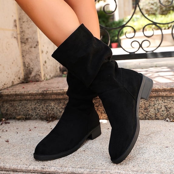 Willtoo Womens Ruched Faux Suede Mid Calf Boots Low Block Heel Relax Fit Pull On Fashion Walking Shoes Soft Matte Fall Winter Daily Street Styling Footwear