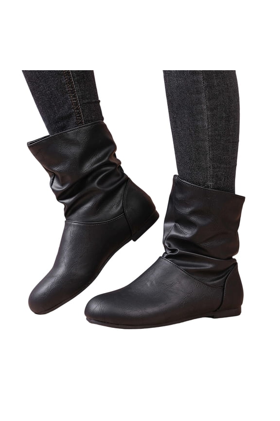 Womens Ruched Slouchy Mid Ankle Boots Slip On Flat Faux leather Casual Booties Wide Fit Large Size Vintage Pull On Fashion Boots for Fall Winter Daily Walking