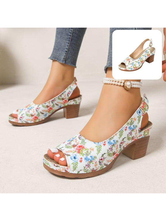 Womens Sandals Floral Print Peep Toe Sandals Adjustable Buckle Chunky Block High Heel Summer Dress Shoes