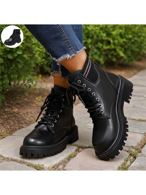 Womens Slip On Lace-Up Combat Boots, Chunky Platform Lug Sole Comfortable Ankle Booties with Knit Cuff, Non-Slip Casual Short Boots