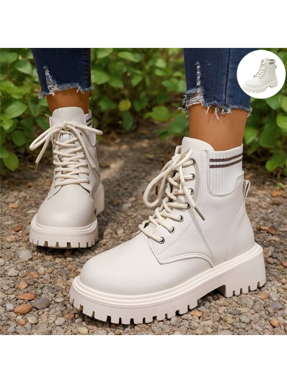 Womens Slip On Lace-Up Combat Boots, Chunky Platform Lug Sole Comfortable Ankle Booties with Knit Cuff, Non-Slip Casual Short Boots