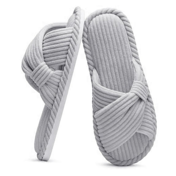 Willtoo Womens Slippers Open Toe House Fuzzy Slipper for Women Criss Cross Corduroy Shoes Indoor Outdoor Light Gray 8 Wide