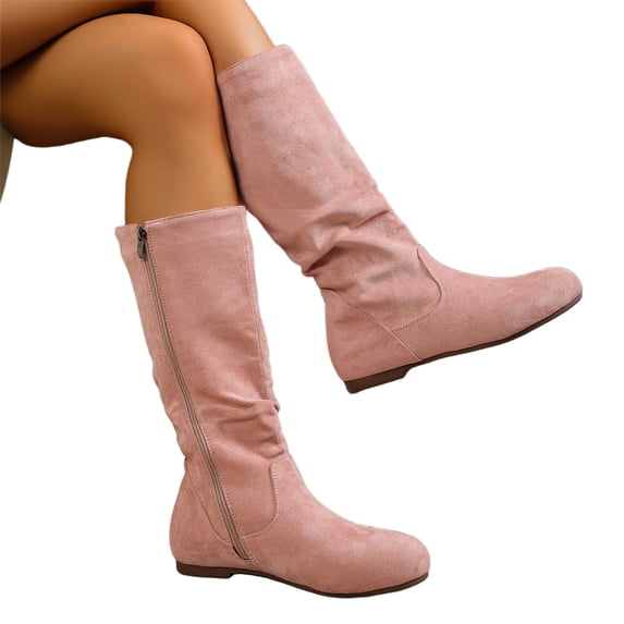Willtoo Womens Slouch Mid Calf Boots Low Heel Comfort Casual Boots Vintage Round Toe Fall Winter Booties with Side Zip