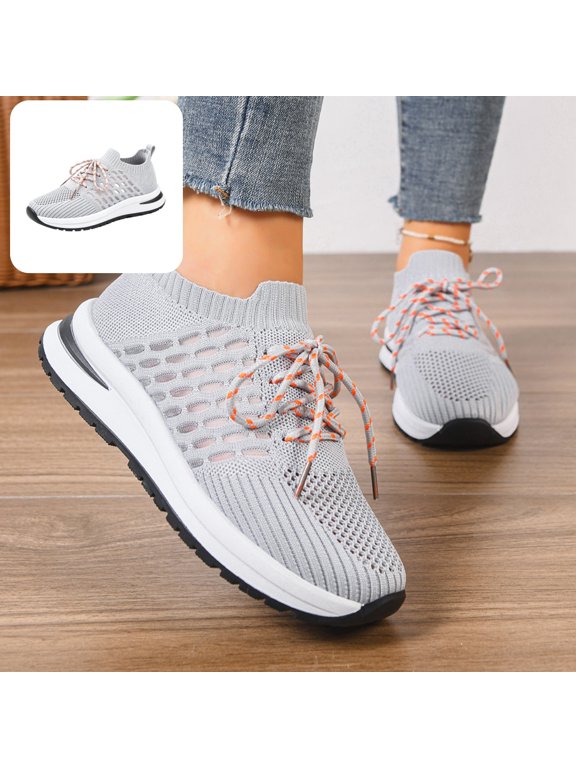Womens Sneakers Stretch Fly Knit Sock Breathable Hollow Out Lace Up Athletic Shoes Lightweight Platform Casual Walking Shoes
