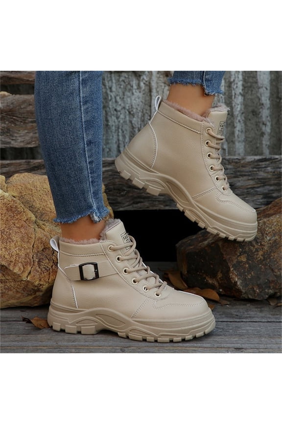 Womens Snow Boots Warm Winter Boots Ladies Fur Lined Ankle Boots Lace Up Outdoor Booties Anti-Slip Sneakers Waterproof Walking Shoes Beige