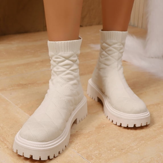 Willtoo Womens Stretch Knit Sock Ankle Boots, Round Toe Platform Lug Sole Slip On Booties, Fashion Thick Sole Short Boots Anti-Slip Casual Short Boots