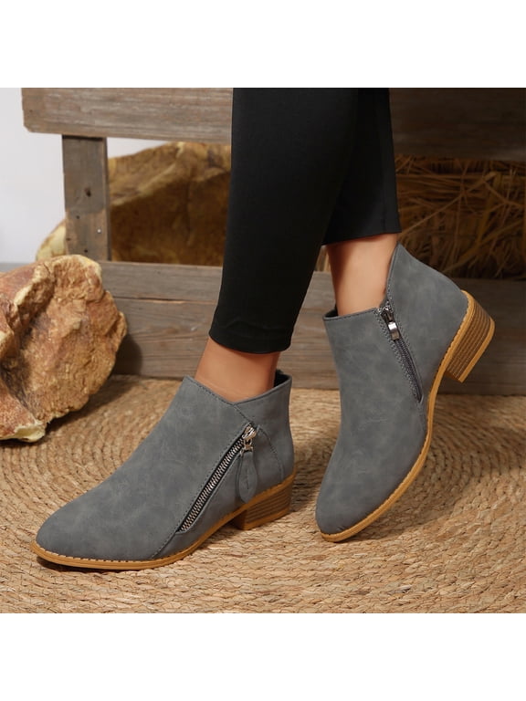 Womens Faux Suede Chunky Heel Walking Ankle Boots With Side Zipper Retro Pointed Toe Low Block Heel Comfortable Non Slip Boots