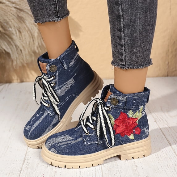 Willtoo Womens Vintage Denim Ankle Boots with Red Rose Embroidery, Lace Up Closed Toe Chunky Platform Casual Shoes, Fashion Fall Winter Shoes Outdoor Walking High-Top Sneakers