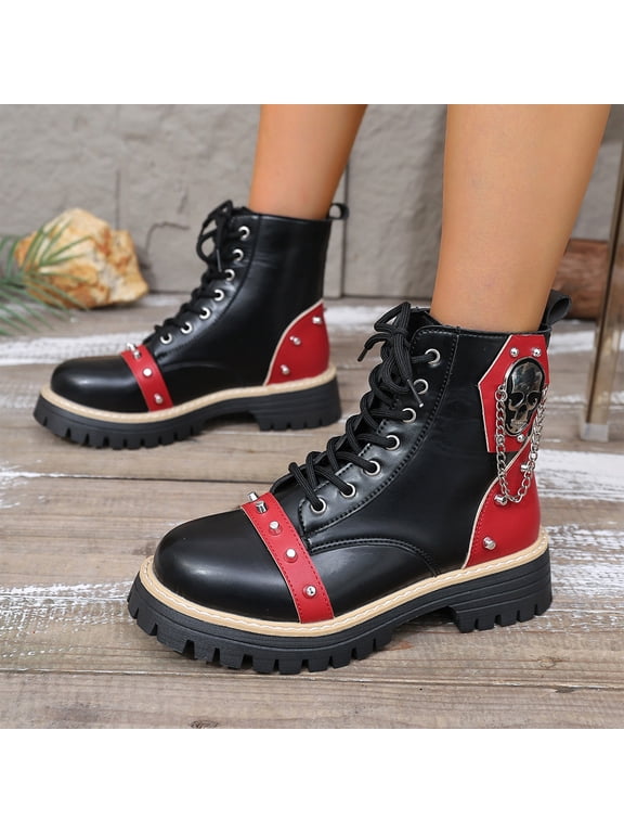 Womens Wedge Platform Boots with Chunky High Platform Heel Lace Up Punk Goth Mid Calf Combat Boots for Autumn Winter