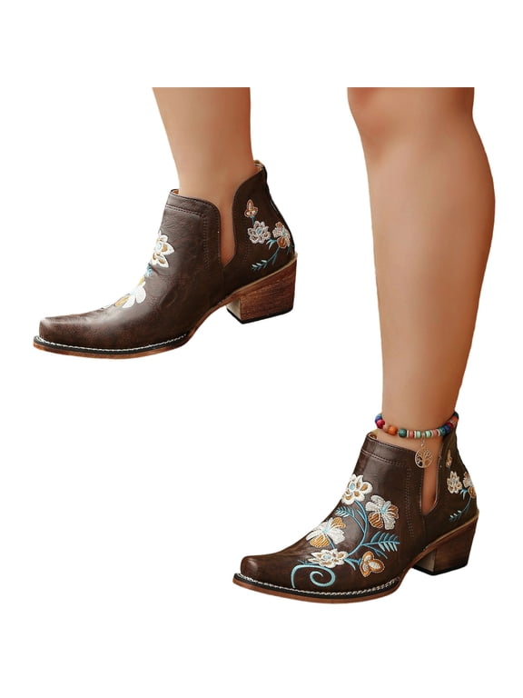 Womens Western Ankle Boots Floral Embroidered Pointed Toe Side Cutout Block Heel Booties Chunky Stacked Heel Vintage Slip On Booties