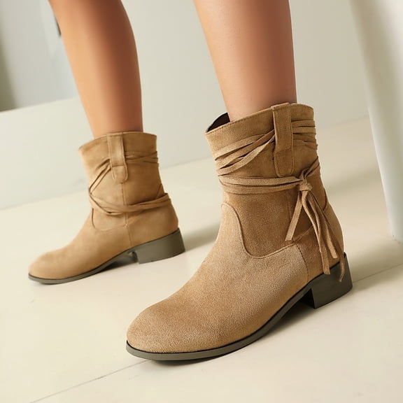 Willtoo Womens Western Fringe Cowboy Low Heel Bootie, Cowgirls Slouchy Slip on Ankle Boots Suede Chunky Heel Dress Boot