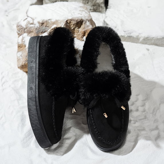 Willtoo Womens Winter Flat Boots Warm Durable Slip‑On Platform Shoes Plush Lined Fuzzy Ankle Snow Boots Round Toe Thick Sole Casual Loafers
