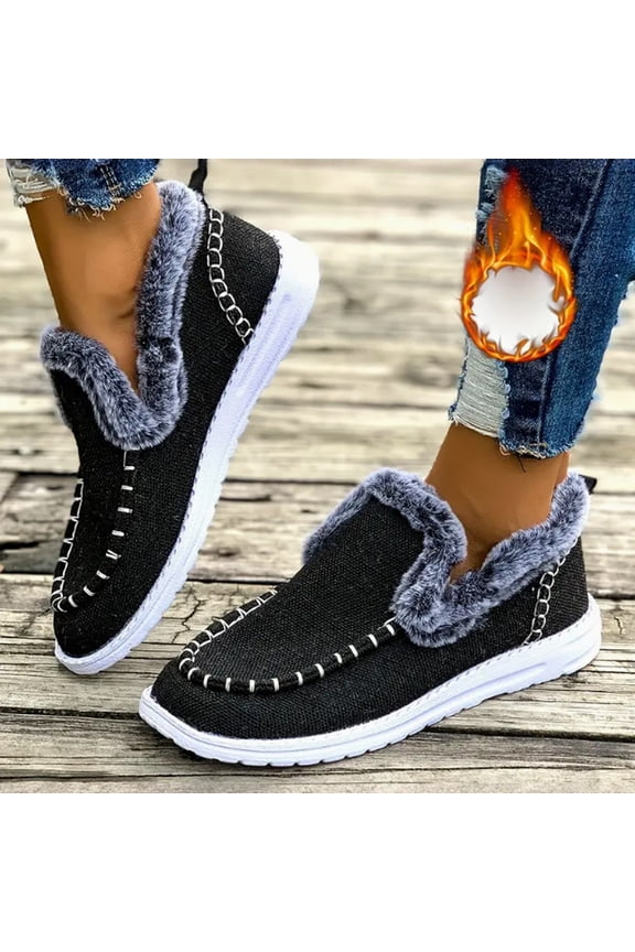 Womens Winter Flat Fluffy Snow Boots,Warm Faux Fur Lining Anti-Slip Slip on Loafer Casual Outdoor Plush Short Booties Black