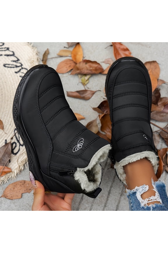 Womens Winter Snow Boots Shoes Furry Ankle Boots Slip On Side Zipper Quilted Comfortable Warm fluffy Booties For Women Black
