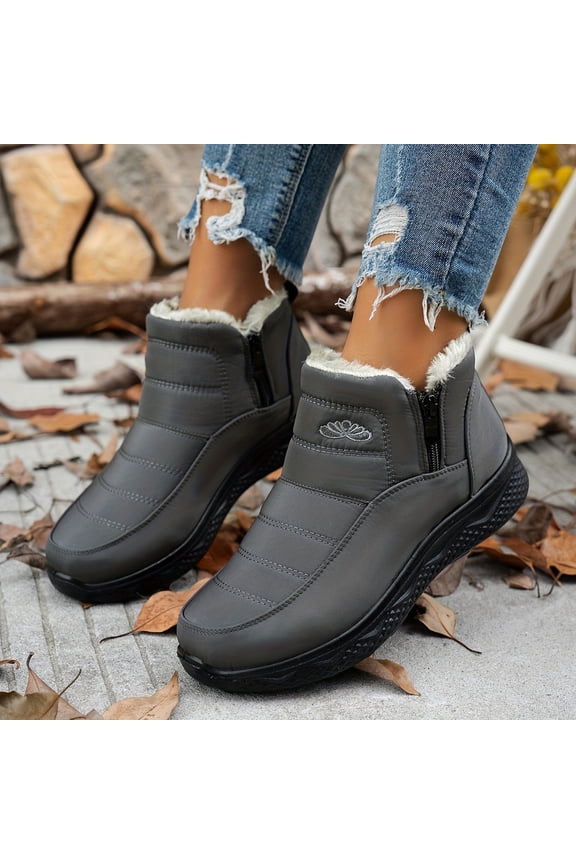 Womens Winter Snow Boots Shoes Furry Ankle Boots Slip On Side Zipper Quilted Comfortable Warm fluffy Booties For Women Gray