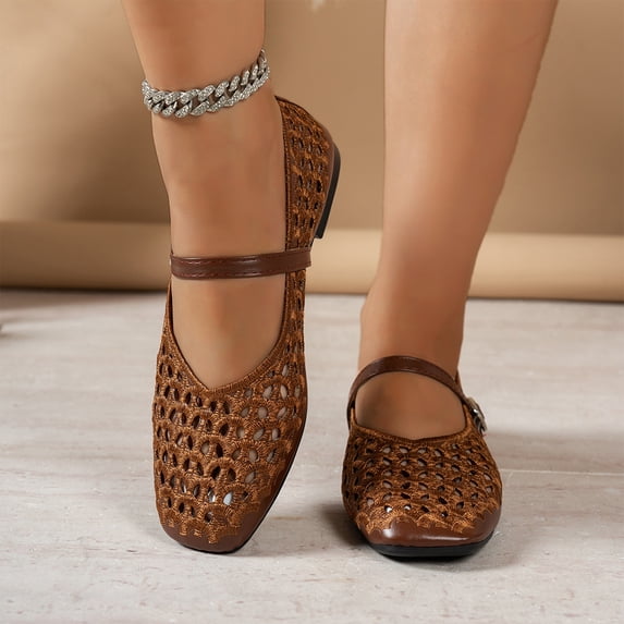 Willtoo Woven Mesh Ballet Flats for Women with Metal Buckle Strap Ballerina Flat Shoes Comfortable Round Toe Mary Jane Flat