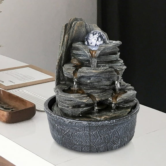 Willwolf 9.8'' Tabletop Water Fountain with LED Light / Ball, 4-Tiered Indoor Waterfall for Home Office, Electric Resin Fountain