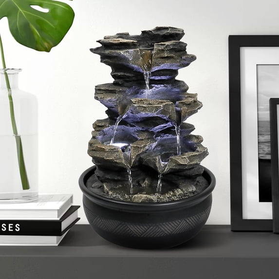 Willwolf Indoor Tabletop 5-Tier Fountain Waterfall Fountains Stacked Rocks Water Feature Relaxation Desktop Fountain for Home,Office Best Home Gifts for Friends or Family
