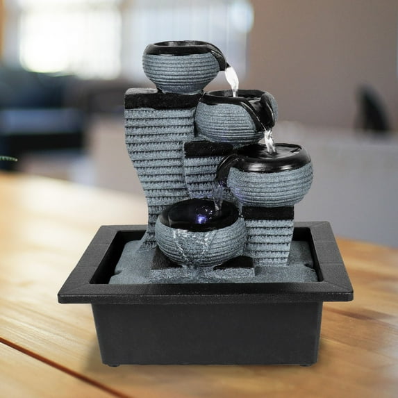 Willwolf Indoor Water Fountain with LED Lights, Modern Tabletop Waterfall, 10''H 4-Tiered Fountain for Home and Office