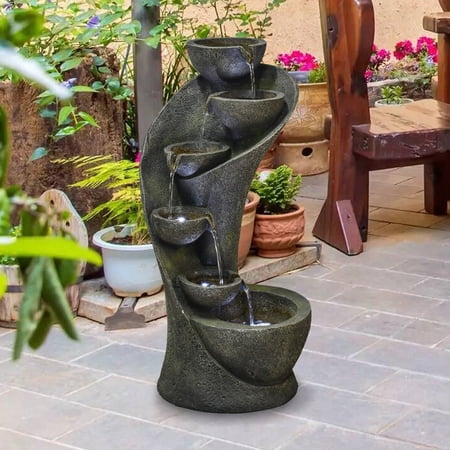 Willwolf Outdoor Curved Water Fountain with LED Lights, Electric Resin Waterfall Fountain for Garden Patio