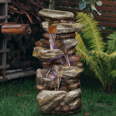 Willwolf Outdoor Floor Water Fountain with Lights,Water Fountain for Garden/Patio/Lawn/Porch/Yard,Resin Fountain