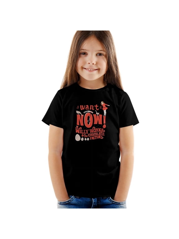 Willy Wonka And The Chocolate Factory I Want It Now Kids T Shirt (4) for Youth Toddler Boys and Girls, Black