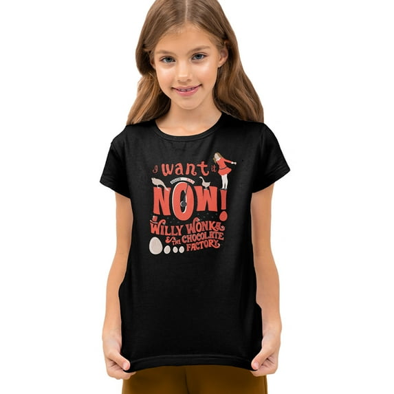 Willy Wonka And The Chocolate Factory I Want It Now Kids T Shirt (Large) for Youth Toddler Boys and Girls, Black