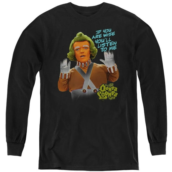 Willy Wonka And The Chocolate Factory Oompa Loompa Listen Kids Long Sleeve T Shirt (X-Large) for Youth Boys and Girls, Black