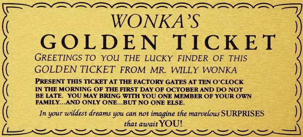 Willy Wonka Golden Ticket Gold Sign Wall Art Charlie Chocolate Factory Metal Sign 8x12 Inch