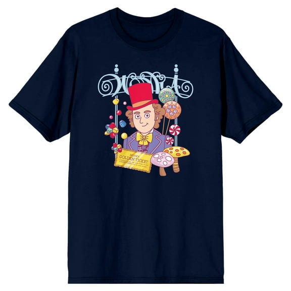 Willy Wonka & The Chocolate Factory Main Character with a Golden Ticket and Candies Navy Blue Men's T-Shirt-Medium
