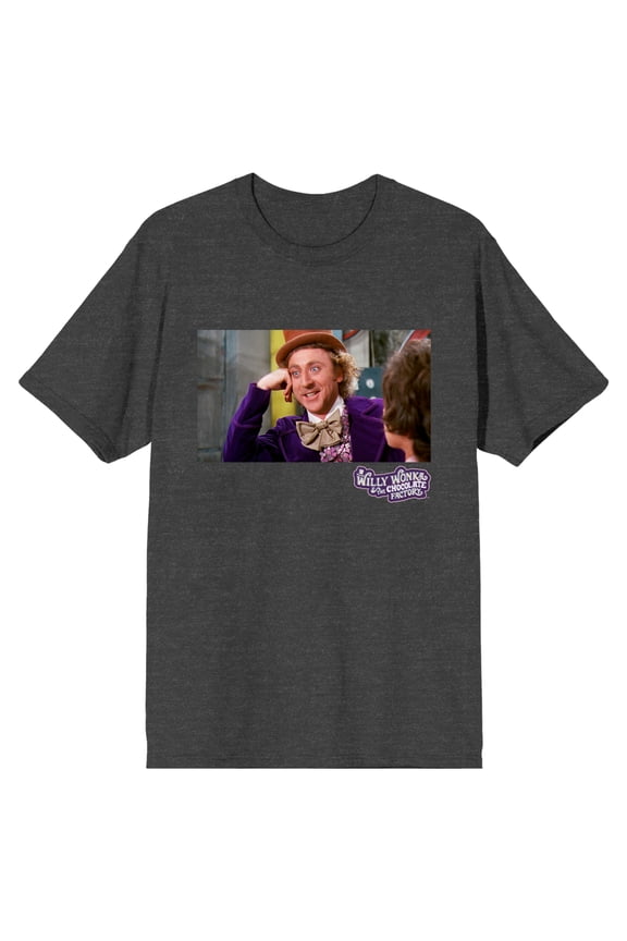 Willy Wonka & The Chocolate Factory Willy Wonka Meme Pose Crew Neck Short Sleeve Charcoal Heather Men's T-shirt-Medium