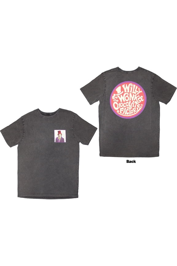 Willy Wonka Unisex Stone Wash T-Shirt Logo Emblem (Charcoal Grey) (Back Print) (XX-Large)